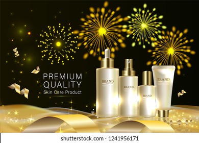 Beauty product, gold cosmetic containers with advertising background ready to use, holiday concept skin care ad, illustration vector.	