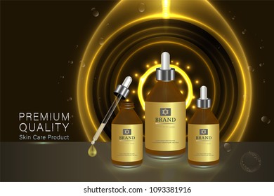 Beauty product, gold label on brown cosmetic containers with advertising background ready to use, luxury skin care ad, illustration 3d vector.