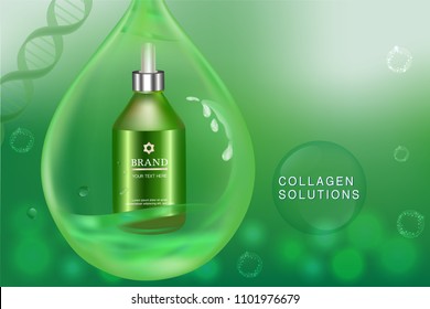 Beauty product, green cosmetic container with advertising background ready to use, luxury skin care ad, vector 3d illustration.	