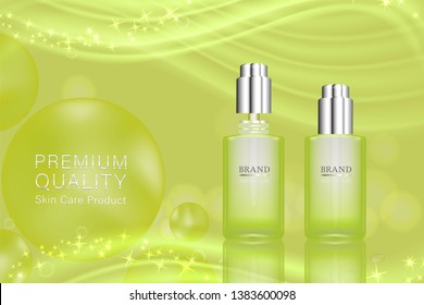 Beauty product, green cosmetic containers with advertising background ready to use, luxury skin care ad.