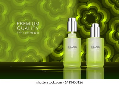 Beauty product, green cosmetic containers with advertising background ready to use, luxury skin care ad, illustration vector.