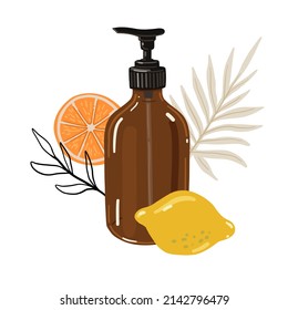 Beauty Product Illustration. Brown Lotion Pump Bottle With Citrus Scent. 