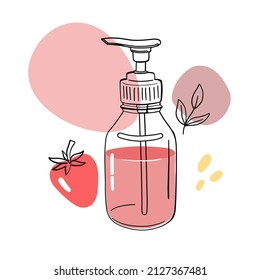 Beauty product illustration. Strawberry gel, soap, lotion in pump bottle. Vector illustration. 