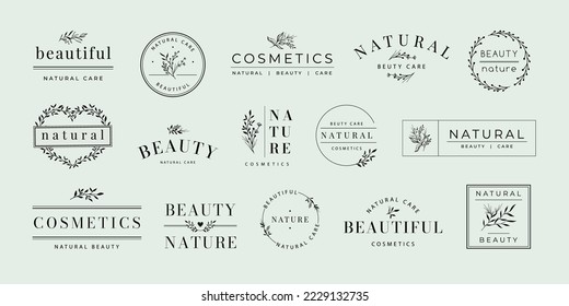 Beauty product label. Natural cosmetic tag with floral ornaments, elegant spa and care labels marketing design vector set. Organic plants and leaves frames of different shape for shop branding