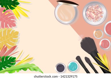 Beauty product, make-up cosmetics top view with colourful tropical leaf.
