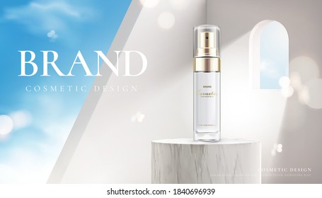 Beauty product on marble stage with a sunshine coming through a window. Branded cosmetic cream advertisement.