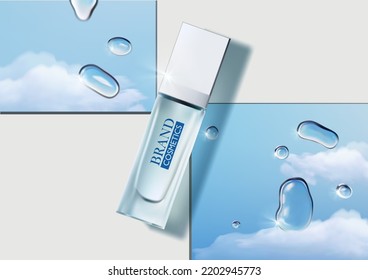 beauty product on mirror with sky and water drop . Realistic vector illustration .