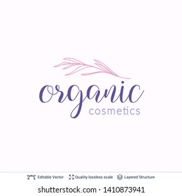 Beauty product organic cosmetics logo design. Floral element and text. Editable vector template.