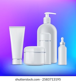 Beauty product packaging and bottles templates. On neon background. Vector illustration