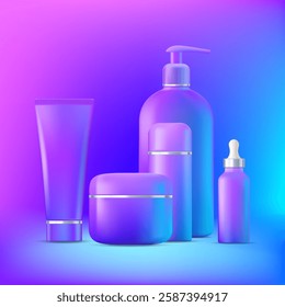 Beauty product packaging and bottles templates. On neon background. Vector mockup