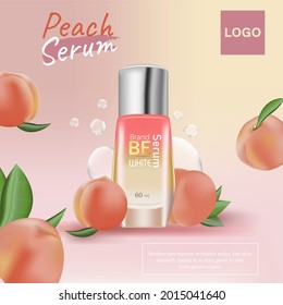 Beauty product and peach, Elegant cosmetic container with advertising background ready to use, luxury skin care ad, vector illustration.