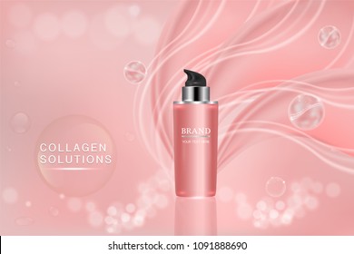 Beauty product, pink cosmetic container with advertising background ready to use, luxury skin care ad, vector illustration.