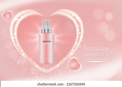 Producto de belleza, envase cosmético rosa con fondo publicitario listo para usar, valentinas concepto cuidado de la piel y, vector ilustración.