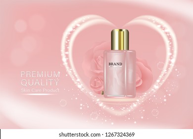 Producto de belleza, envase cosmético rosa con fondo publicitario listo para usar, valentinas concepto cuidado de la piel y, vector ilustración.