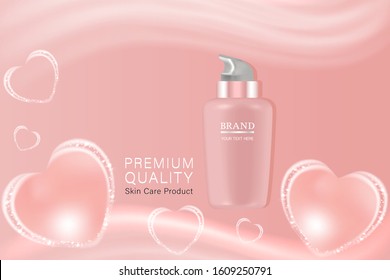 Beauty product, pink cosmetic container with advertising background ready to use, valentines concept skin care ad, illustration vector.