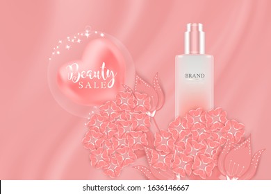 Beauty product, pink cosmetic container with advertising background ready to use, valentines concept skin care ad, illustration vector.	