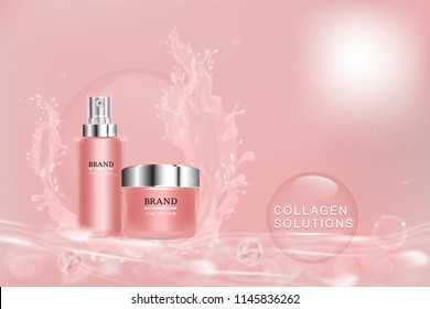 Beauty product, pink cosmetic containers with advertising background ready to use, water splash luxury skin care ad, illustration vector.