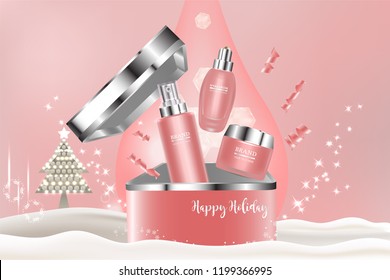 Beauty product, pink cosmetic containers with advertising background ready to use, holiday concept skin care ad, illustration vector.	
