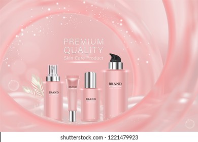 Beauty product, pink cosmetic containers with advertising background ready to use, holiday concept skin care ad, illustration vector.