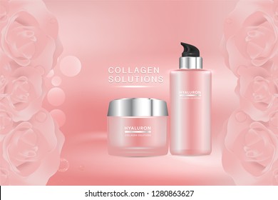 Beauty product, pink cosmetic containers with advertising background ready to use, valentines concept skin care ad, illustration vector.