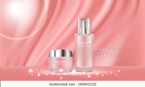 Beauty product, pink cosmetic containers with advertising background ready to use, luxury skin care ad, illustration vector.