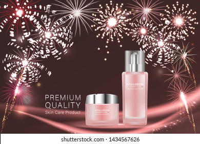 Beauty product, pink cosmetic containers with advertising background ready to use, holiday concept skin care ad, illustration vector.	