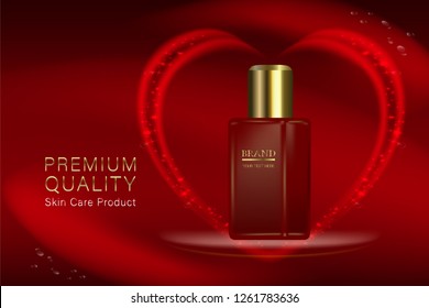 Beauty product, red cosmetic container with advertising background ready to use, valentines concept skin care ad, illustration vector.	