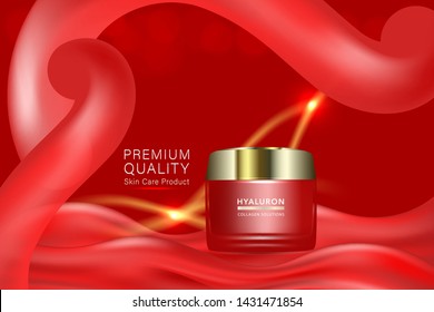 Beauty product, red cosmetic container with advertising background ready to use, luxury skin care ad, illustration vector.