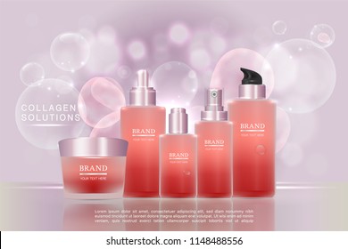 Beauty product, red cosmetic containers with advertising background ready to use, luxury skin care ad, illustration vector.	