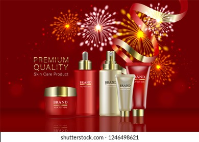 Beauty product, red and gold cosmetic containers with advertising background ready to use, holiday concept skin care ad, illustration vector.	