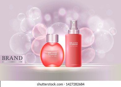 Beauty product, red perfume or cosmetic containers with advertising background ready to use, luxury skin care ad, illustration vector.	

