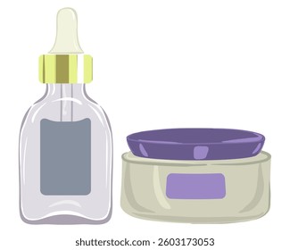 Beauty product set icon. Dropper bottle and cream pot represent skin treatment, face hydration, and cosmetic care.