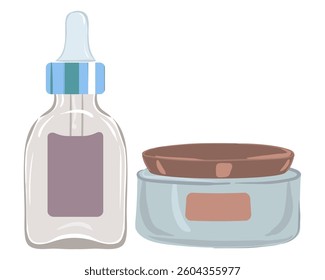 Beauty product set icon. Dropper bottle and cream pot represent skin treatment, face hydration, and cosmetic care.