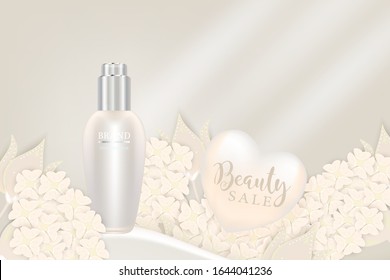 Beauty product, white cosmetic container with advertising background ready to use, valentines concept skin care ad, illustration vector.	