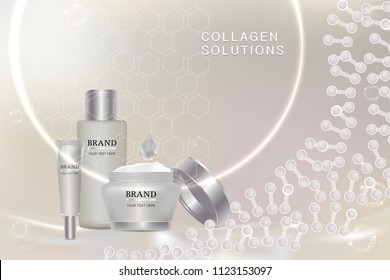 Beauty product, White cosmetic containers with advertising background ready to use, luxury skin care ad, vector 3d illustration.	