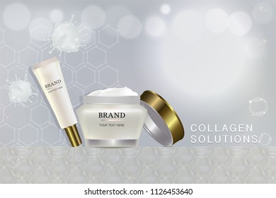 Beauty product, White cosmetic containers with advertising background ready to use, luxury skin care ad, vector 3d illustration.