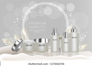 Producto de belleza, contenedores cosméticos blancos con fondo publicitario listo para usar, concepto de vacaciones de cuidado de la piel y, vector de ilustración.	