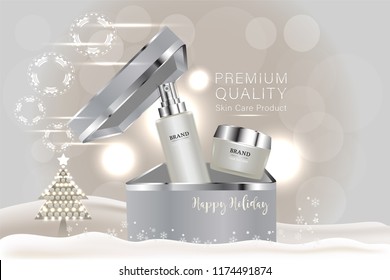 Beauty product, white cosmetic containers with advertising background ready to use, holiday concept skin care ad, illustration vector.	