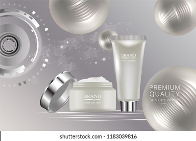 Beauty product, white cosmetic containers with advertising background ready to use, luxury skin care ad, cream jar in 3d illustration.