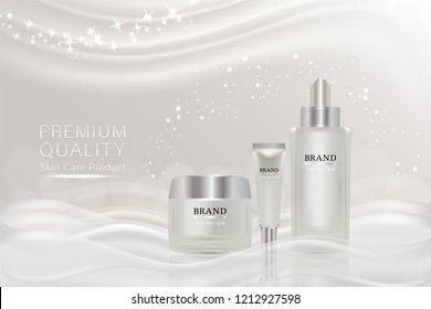 Beauty product, white cosmetic containers with advertising background ready to use, luxury skin care ad, illustration vector.	