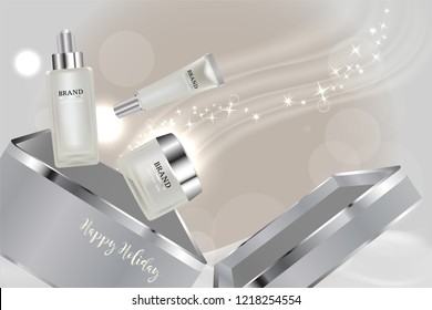 Beauty product, white cosmetic containers with advertising background ready to use, holiday concept skin care ad, illustration vector.	