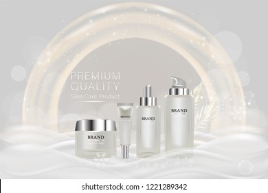 Beauty product, white cosmetic containers with advertising background ready to use, holiday concept skin care ad, illustration vector.	