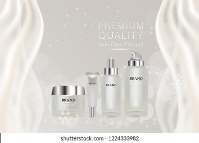 Beauty product, white cosmetic containers with advertising background ready to use, holiday concept skin care ad, illustration vector.	