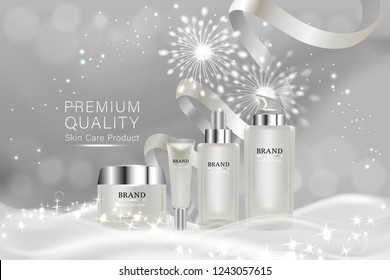 Beauty product, white cosmetic containers with advertising background ready to use, holiday concept skin care ad, illustration vector.