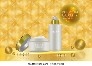 Beauty product, white cosmetic containers with gold advertising background ready to use, holiday concept skin care ad, cream jar in 3d illustration.