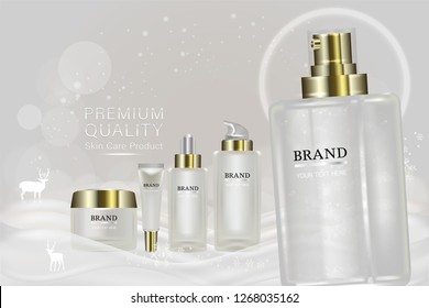 Beauty product, white cosmetic containers with advertising background ready to use, holiday concept skin care ad, illustration vector.	