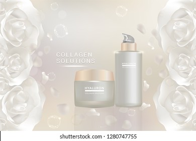 Beauty product, white cosmetic containers with advertising background ready to use, valentines concept skin care ad, illustration vector.	
