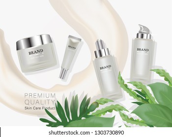 Beauty product, white cosmetic containers with advertising background ready to use, luxury nature concept skin care ad, illustration vector.