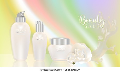 Beauty product, white cosmetic containers with colourful advertising background ready to use, romantic skin care ad, illustration vector.	