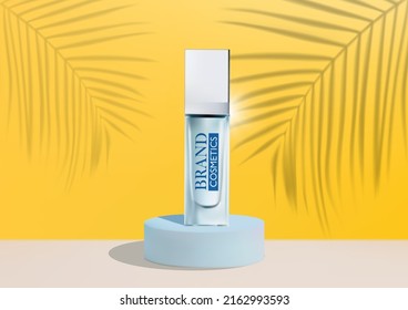 Beauty products ad on blue stage with yellow background . palm leaf shadow . Vector illustration